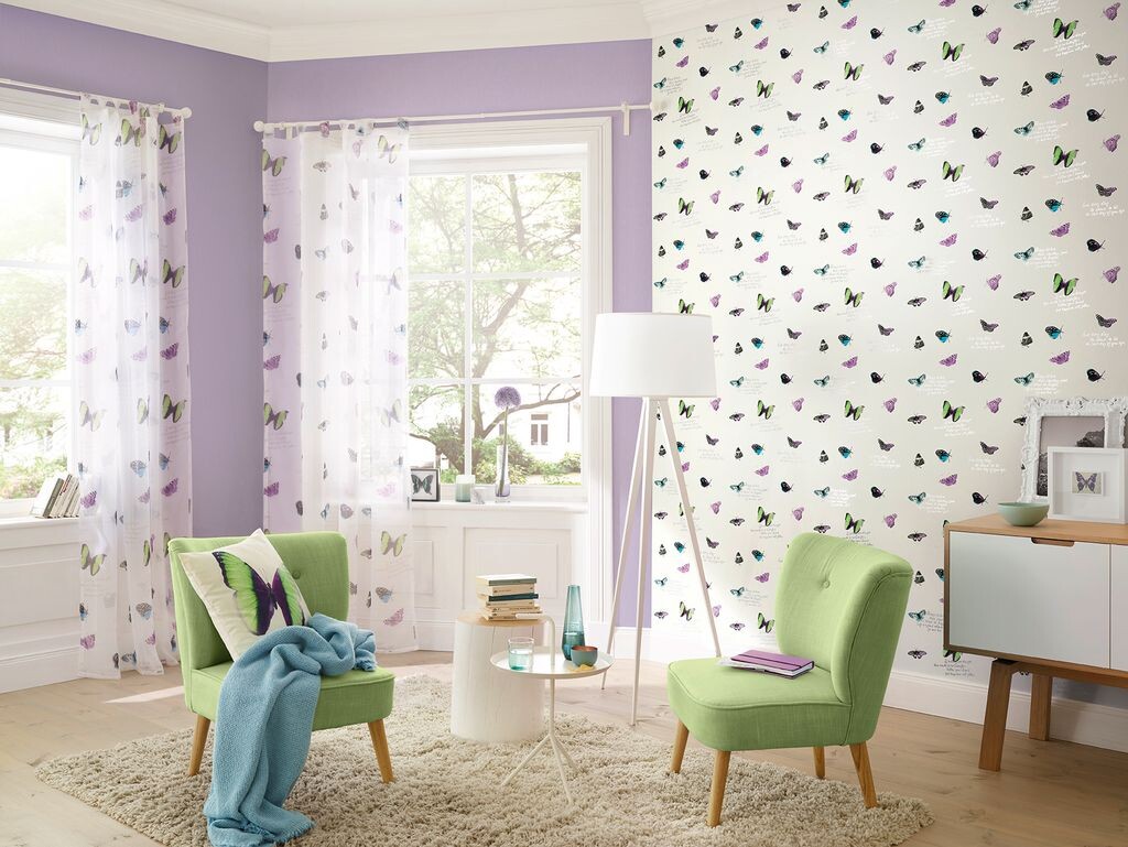 

Elbersdrucke Girlfriend Home Collection прозрачные шторы на петлях Summer Butterfly 03 бело-зелено-фиолетовые 255x140см 197292 шторы для гостиной, спальни, кухни, прихожей, детской комнаты, белый