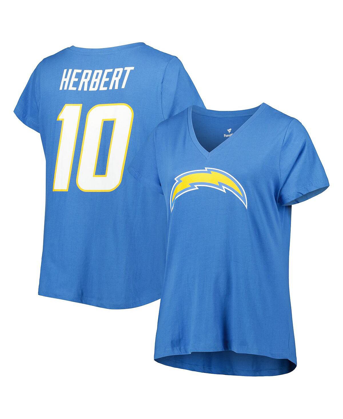 

Женская фирменная футболка Justin Herbert Powder Blue Los Angeles Chargers размера плюс с именем и номером игрока с v-образным вырезом Fanatics