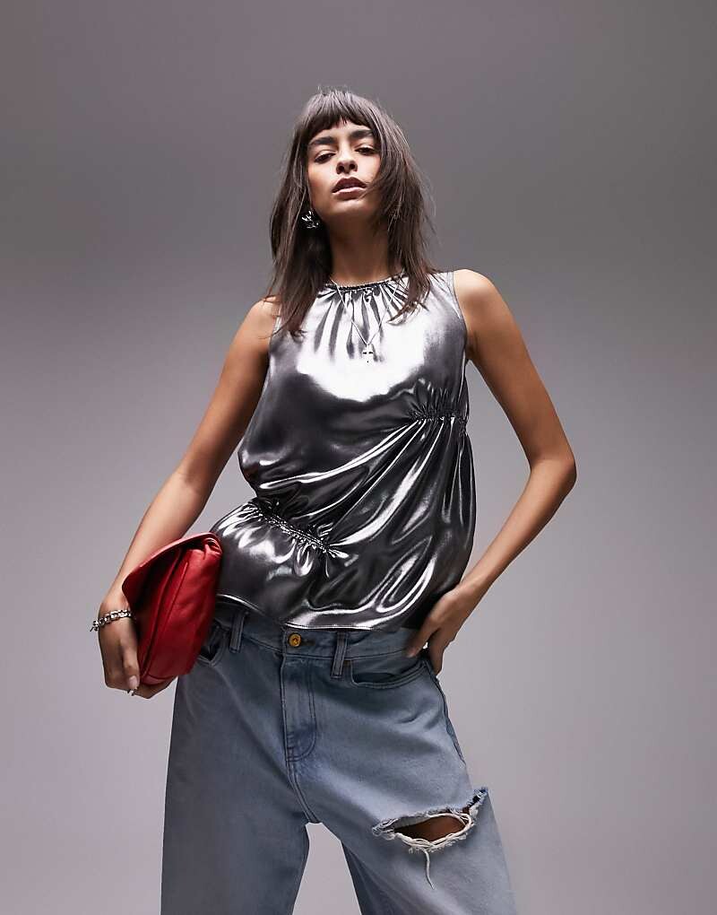 

Topshop - Топ со сборками из ламинированного бронзового цвета