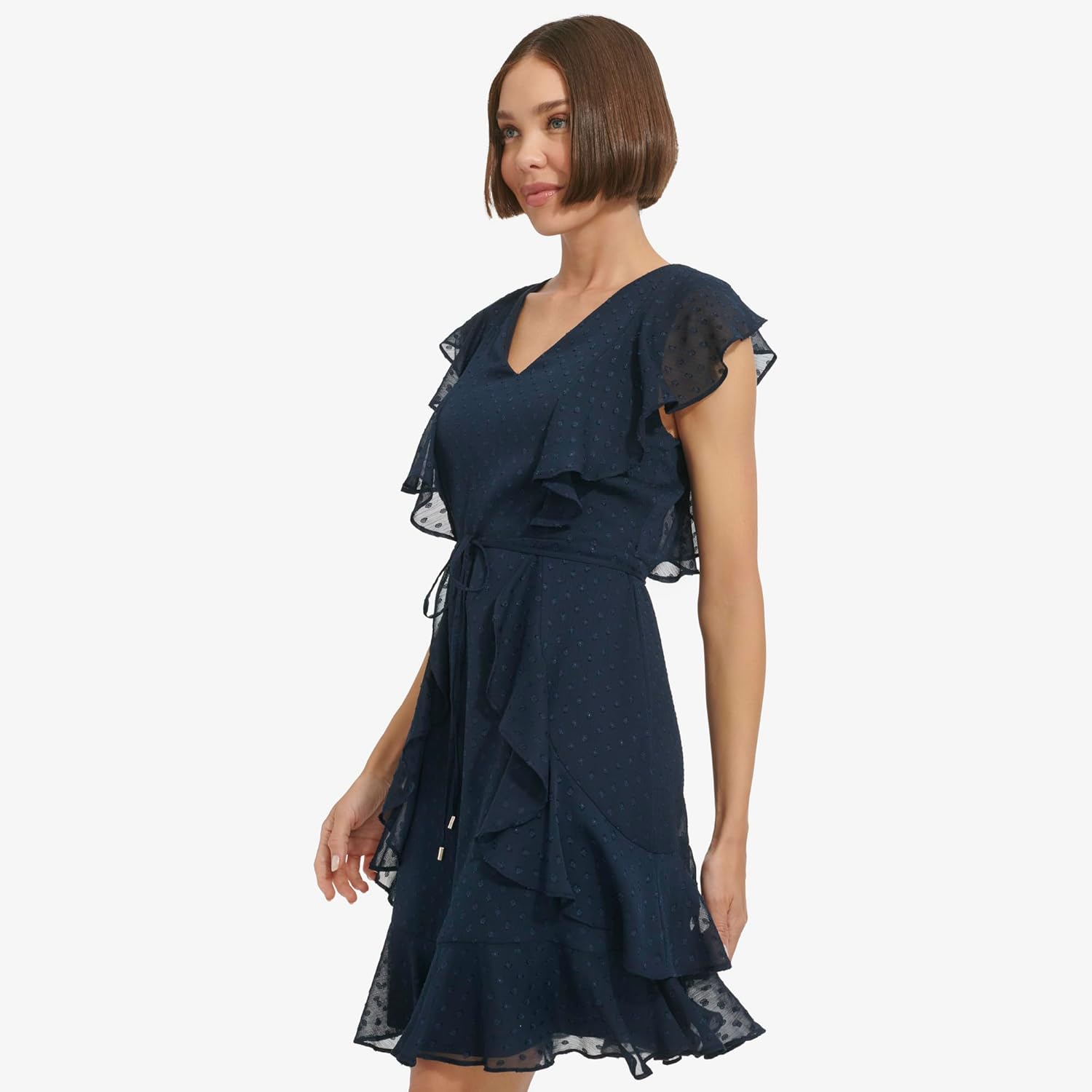 Женское шифоновое мини-платье Tommy Hilfiger с оборками и завязкой на талии, Sky Captain — фото 3