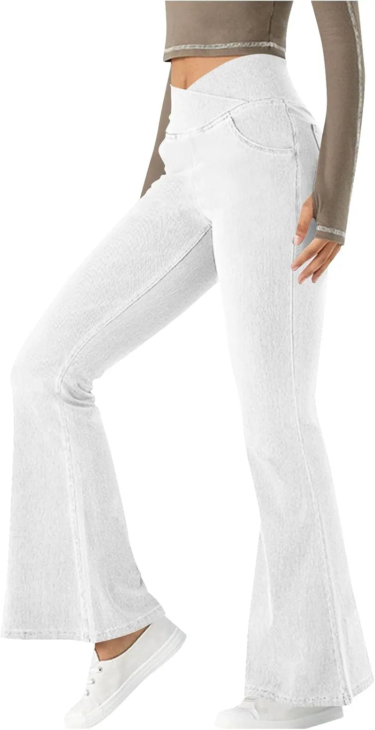 Йога джинсы для женщин Faux Denim Skinny Flare Sweatpant Cross V Waist High Elastic Pants — фото 2