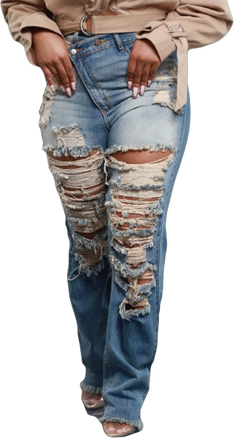 

LETSVDO Женские скинни джинсы с потертостями, завышенная талия, прямой крой