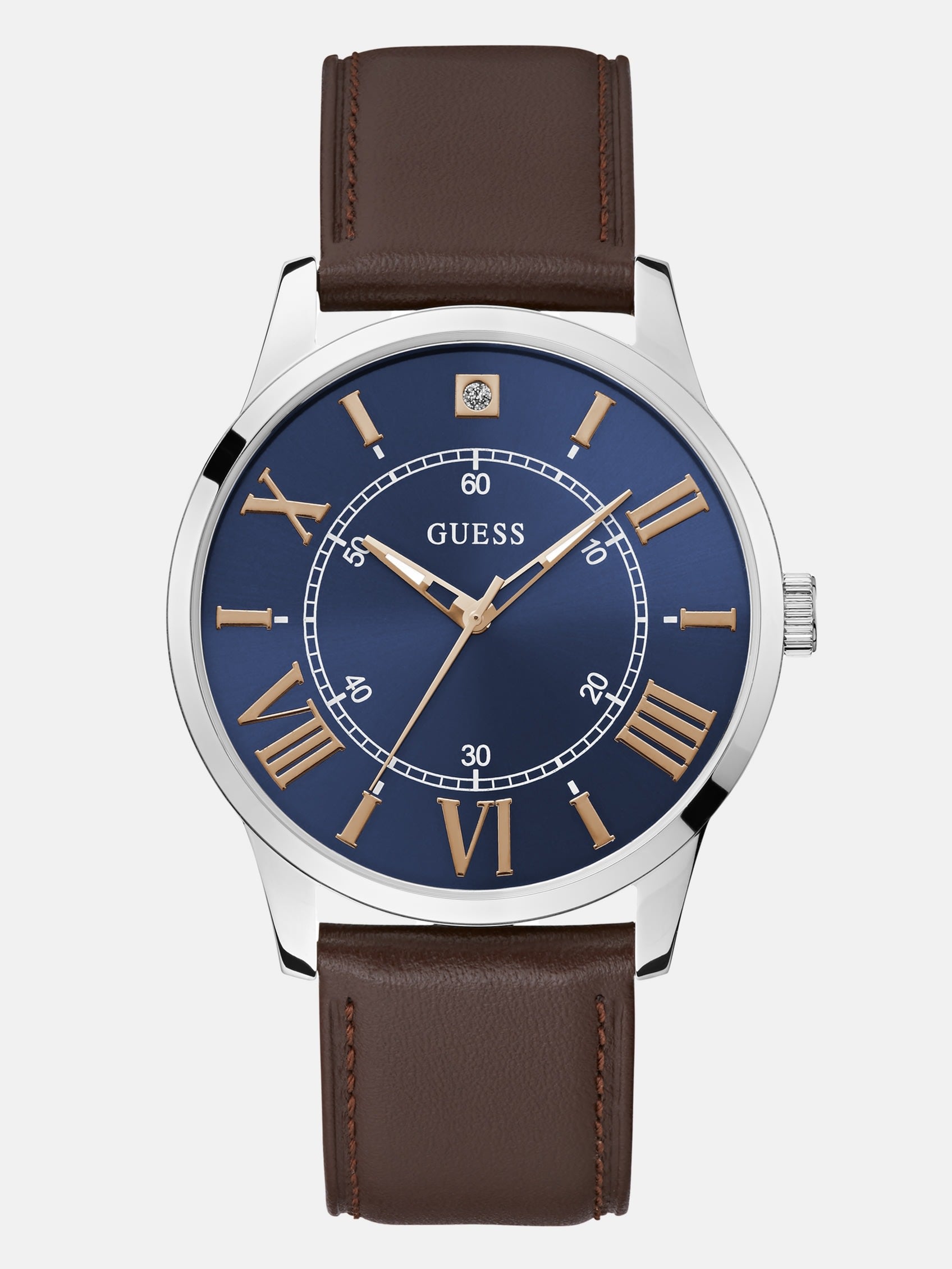 

Аналоговые часы из серебристо-коричневой кожи Guess Factory