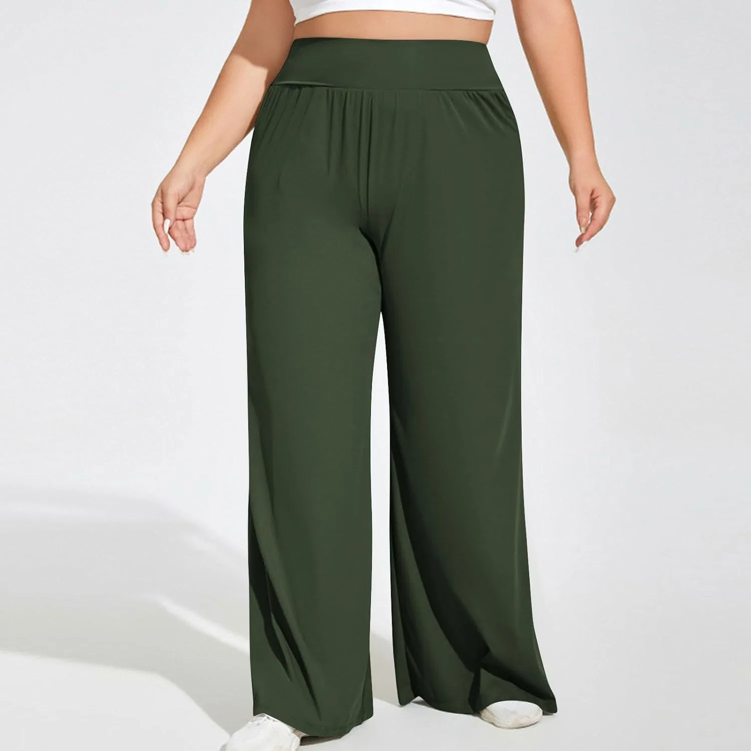 Спортивные брюки женские, широкие, с высокой талией, на завязках, Army Green, размер L — фото 4