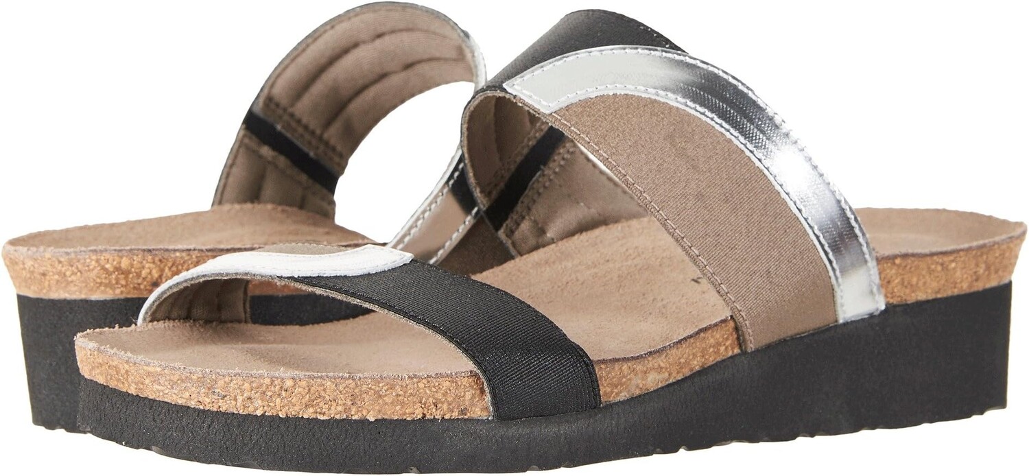 Босоножки Frankie Naot, цвет Silver Mirror Leather/Gloss Black Stretch/Khaki Patina Elastic