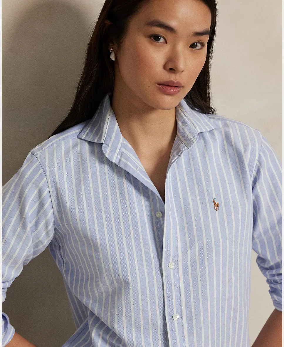 Женская базовая рубашка Оксфорд с контрастным логотипом Polo Ralph Lauren, светло-голубой — фото 3