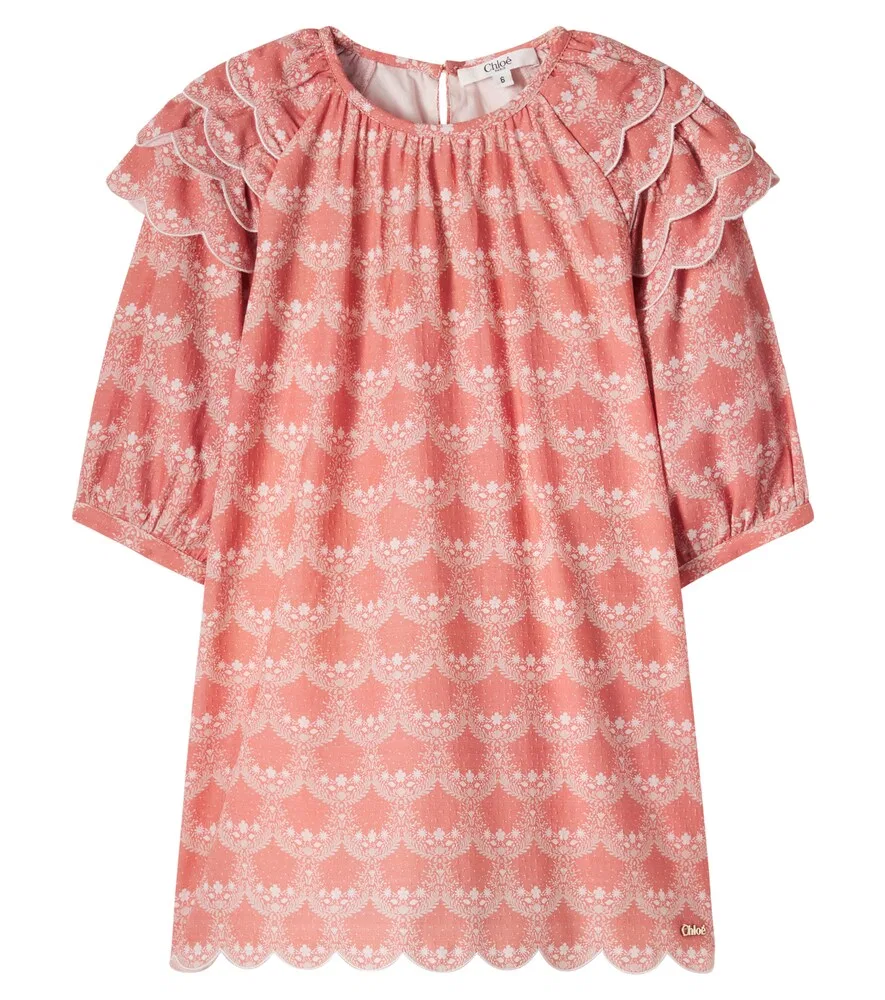 Хлопковое платье с принтом и фестончатым краем Chloé Kids, розовый