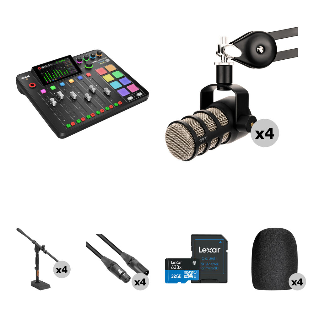 

Комплект для подкастинга RODE RODECaster Pro II на 4 человека с микрофонами PodMics и настольными стойками