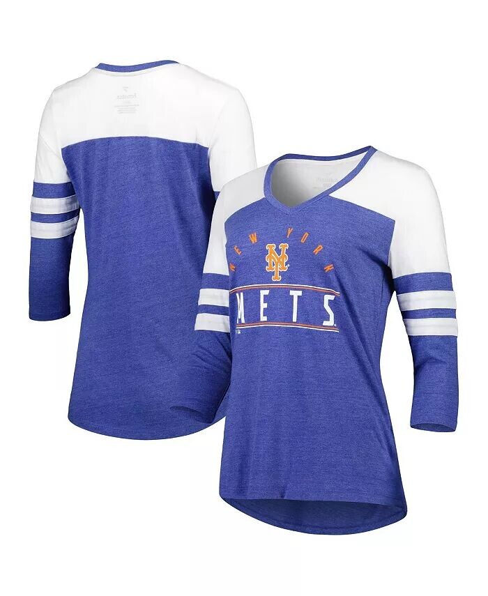 

Женская футболка Heather Royal New York Mets League Leader Tri-Blend с рукавами 3/4 и v-образным вырезом Fanatics