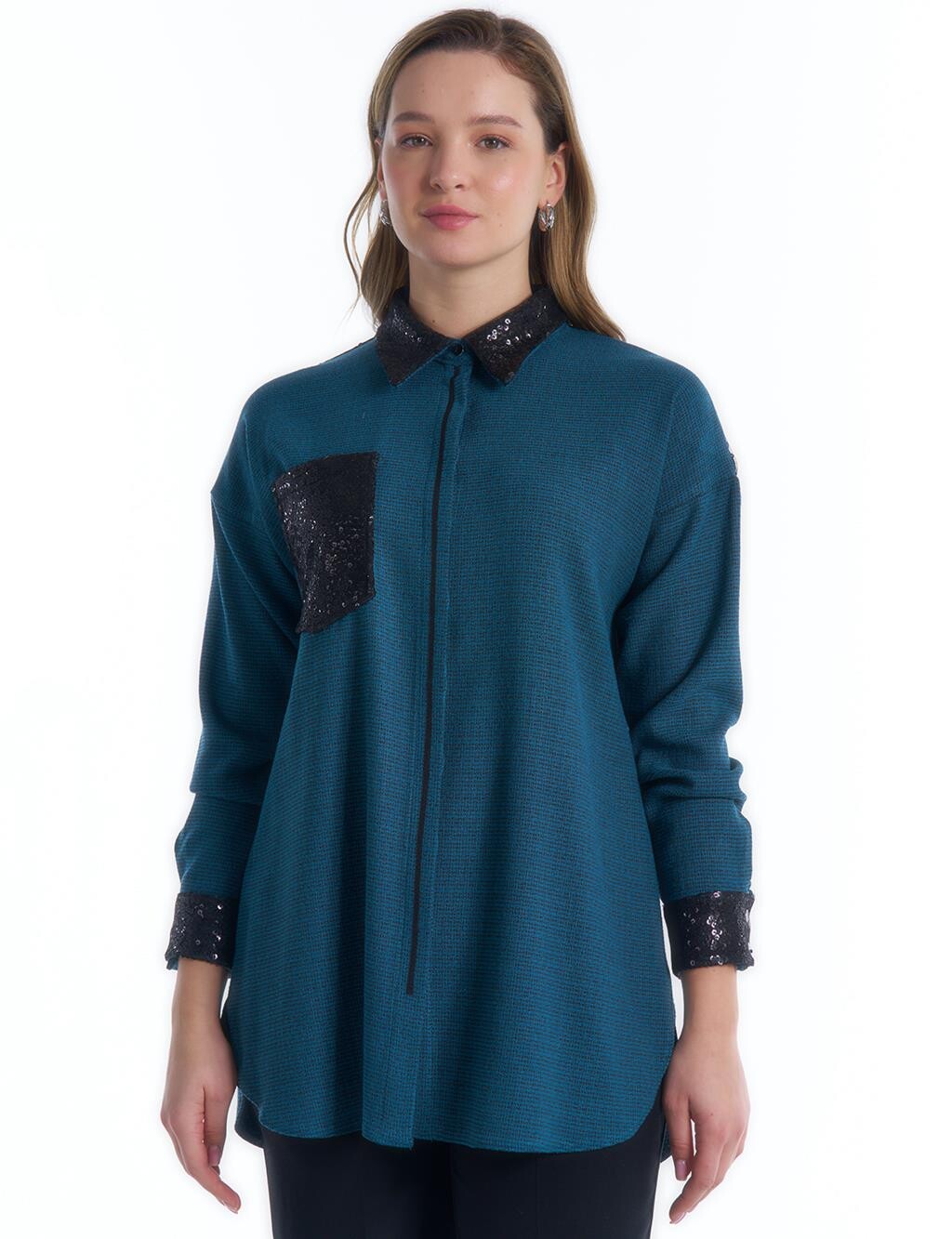 

Туника с кисточками, расшитая пайетками, бензиновый цвет Kayra