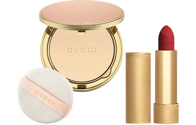 GUCCI Пудра для макияжа Pleuche Lipstick Rose Gold с эффектом контроля жирности и стойкости 10 г + 3,5 г, Powder #01+Golden Tube Lipstick #25