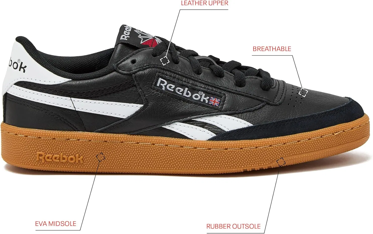 Мужские кроссовки Reebok Club C Revenge Vintage - повседневная теннисная обувь для мужчин, размеры от 7 до 15, Black White Black White Gum — фото 2