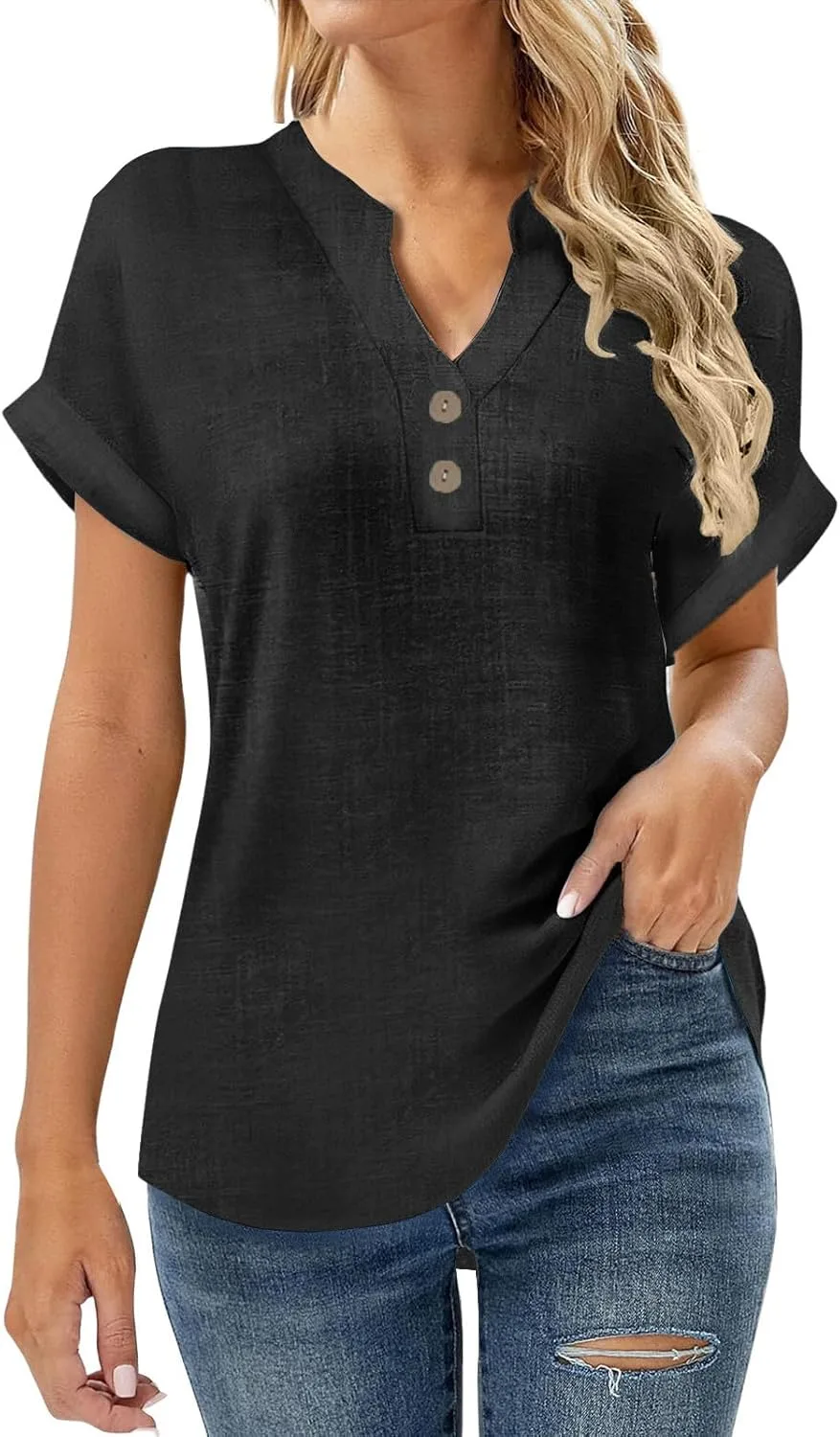 

Женская футболка V-образного выреза из льна с коротким рукавом