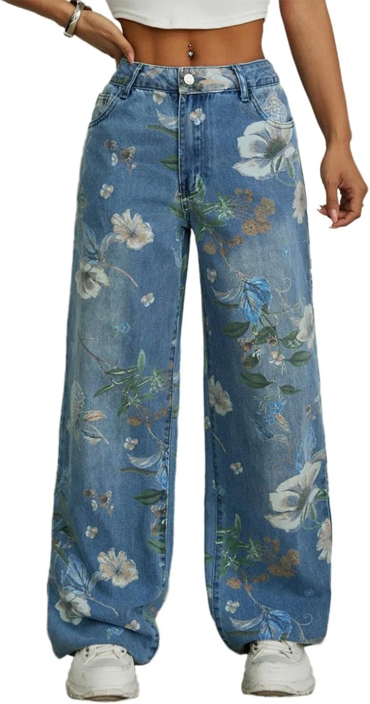 

Джинсы для женщин Straight Wide Leg с цветочным принтом и карманами watersouprty