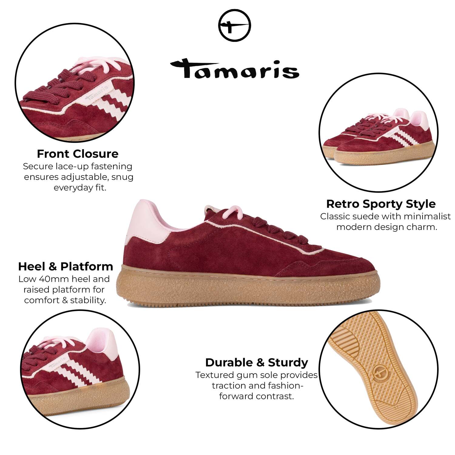 Tamaris женские бордово-красные кожаные модные кроссовки на шнуровке TMRS — фото 2