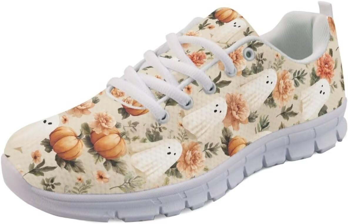 

Кроссовки Forchrinse для женщин и мужчин, с шнуровкой, для бега, дышащие, с сеткой, на шнуровке, для прогулок и тенниса, Halloween Ghost Pumpkin