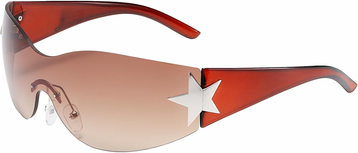 

Солнцезащитные очки Y2K для женщин и мужчин, модные солнцезащитные очки-щитки, солнцезащитные очки без оправы со звездами, очки большого размера Ehoomely, One Star-tea