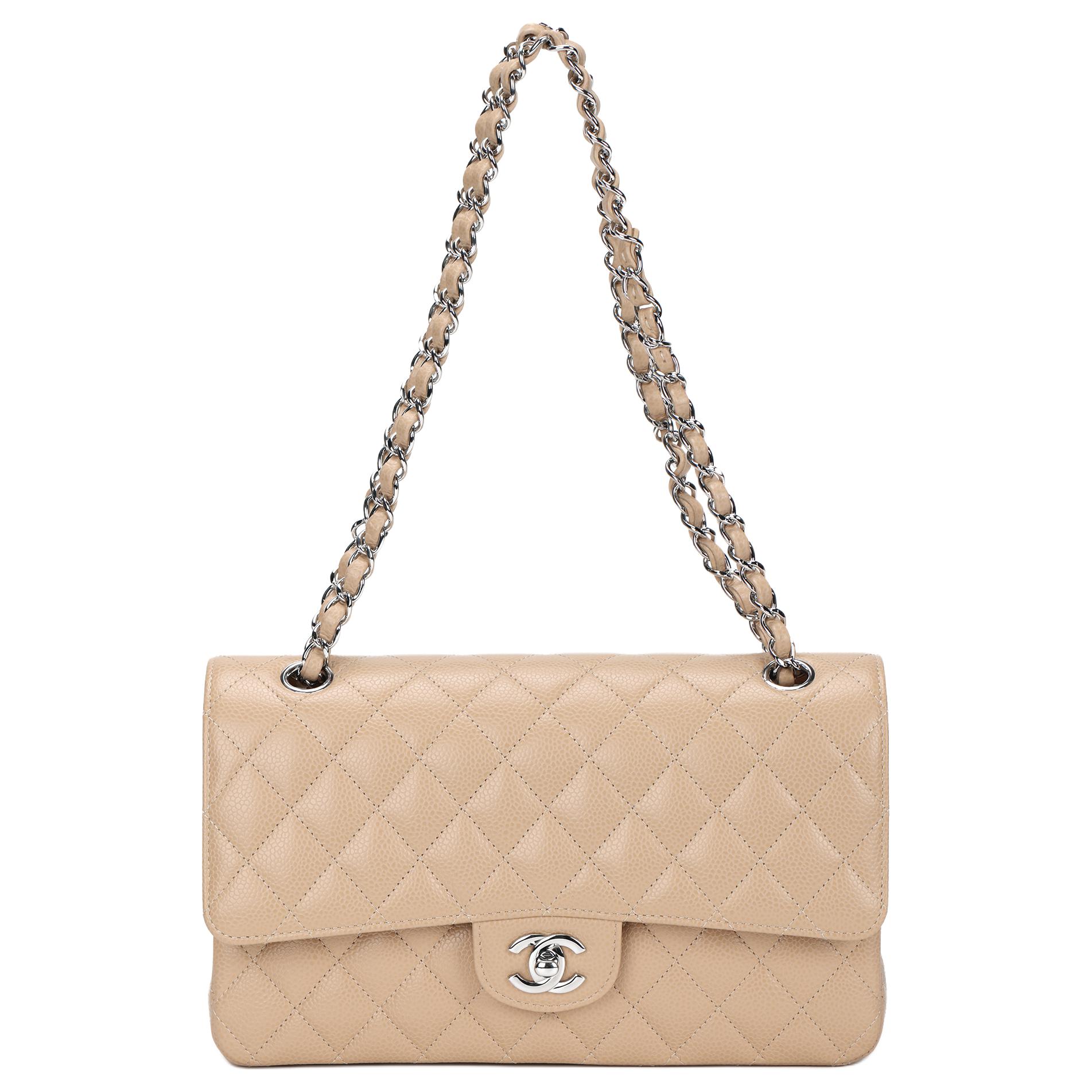 

CHANEL Классическая сумка Flap CF из зернистой кожи коровы, серебристая металлическая клапанная сумка, кроссбоди, женская сумка через плечо бежевого цвета