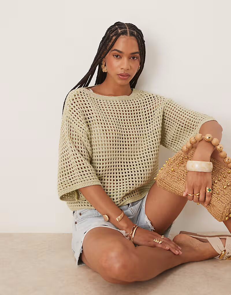 

Трикотажная свободная футболка с ажурным узором ASOS DESIGN зеленого цвета