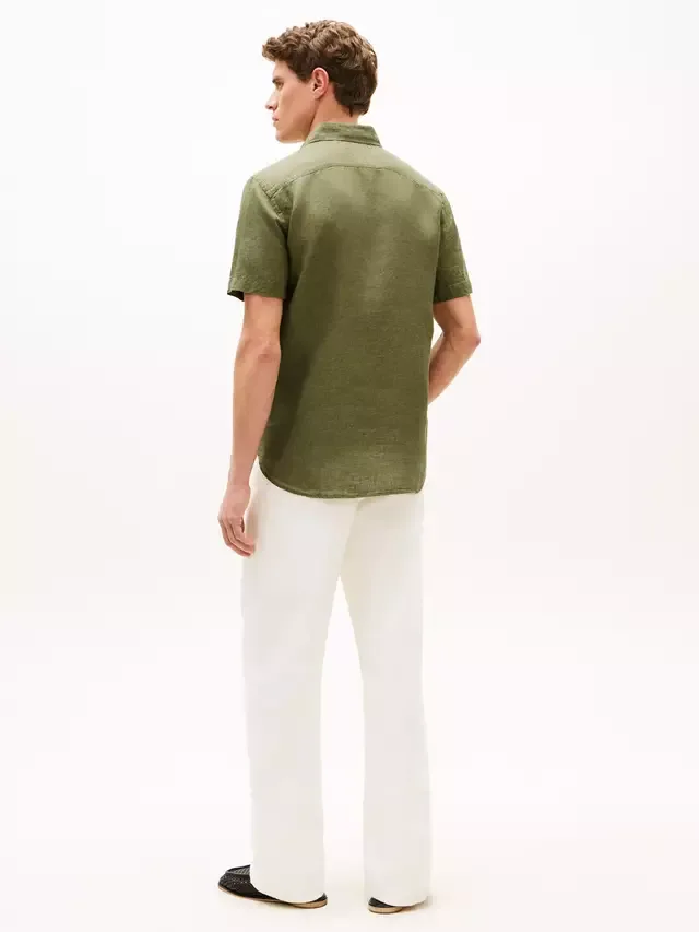 Льняная рубашка прямого кроя с логотипом Tommy Hilfiger, Olive Green — фото 3
