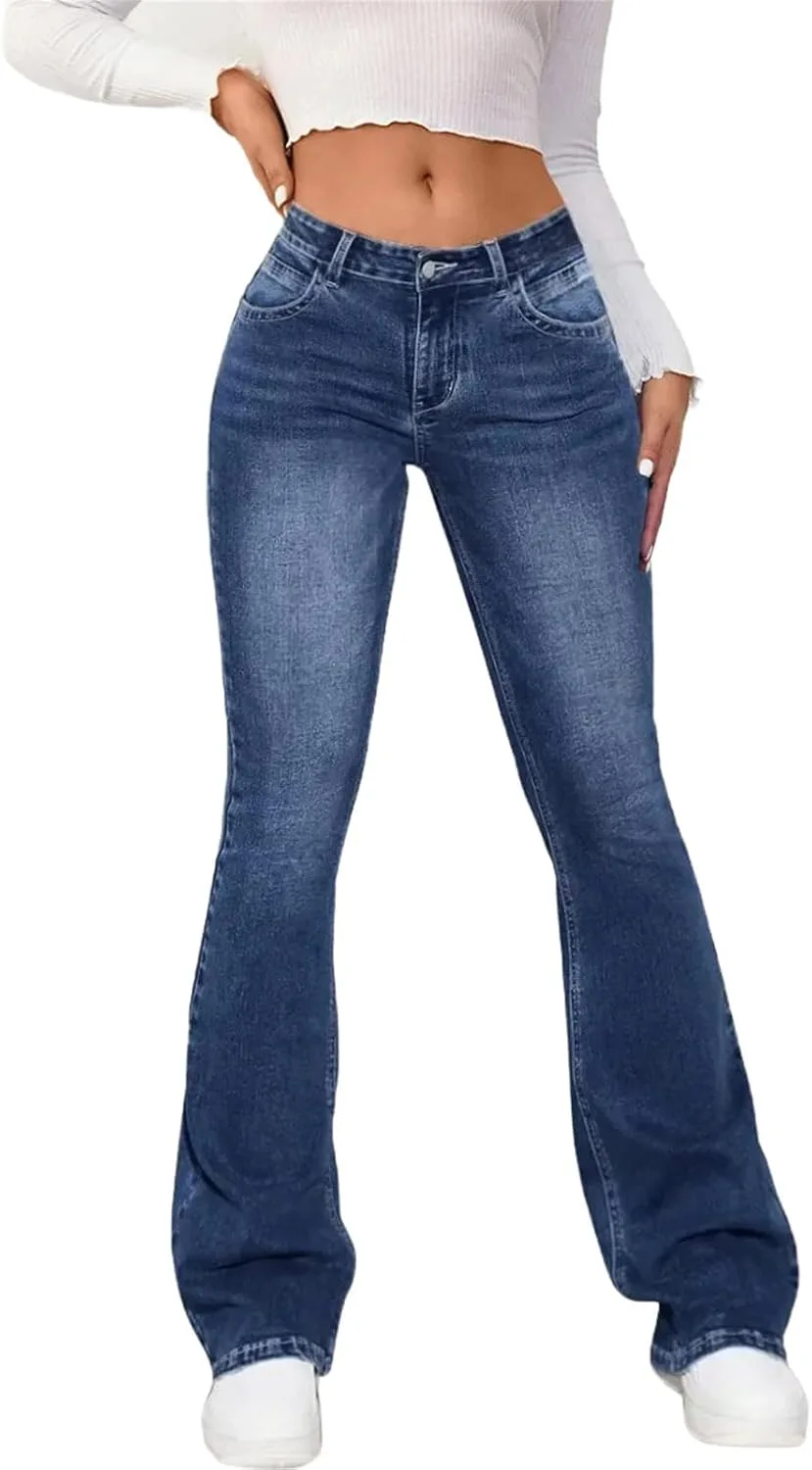 Женские джинсы slim fit расклешенные с высокой посадкой однотонные укороченные брюки boot cut в стиле стритвир Generic, синий