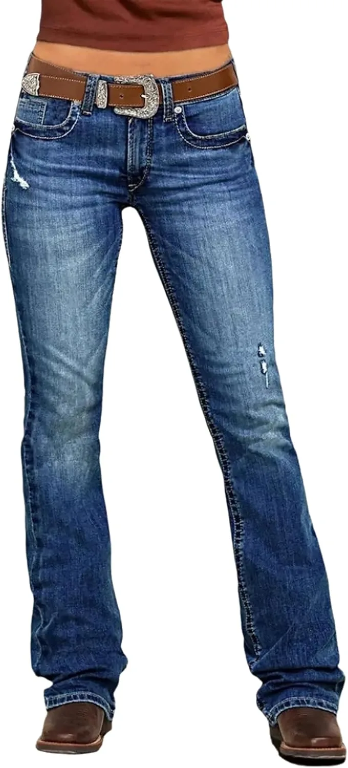 

Женские джинсы bootcut с высокой талией, растягивающиеся, рваные QLAUYIOE