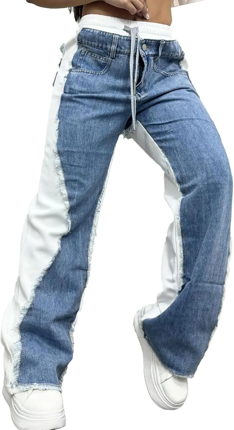 

Unybwonn baggy patchwork jeans color block low waisted streetwear ripped trousers