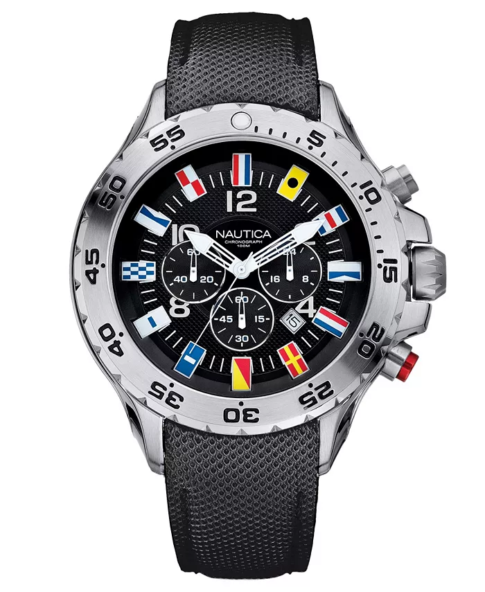 

Мужские часы N16553G NST Chrono Flags с черным ремешком из смолопокрытой кожи Nautica, мультиколор