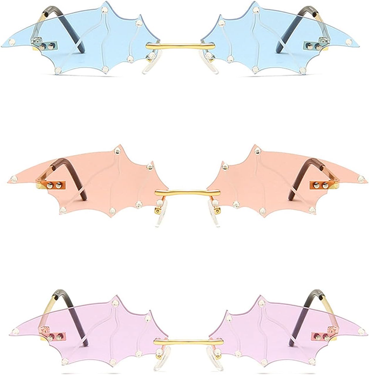 

Солнцезащитные очки COTIA в стиле ретро без оправы для женщин и мужчин, маленькие винтажные очки в форме летучей мыши с бриллиантовой отделкой, уникальные металлические очки без оправы, Blue&pink&purple