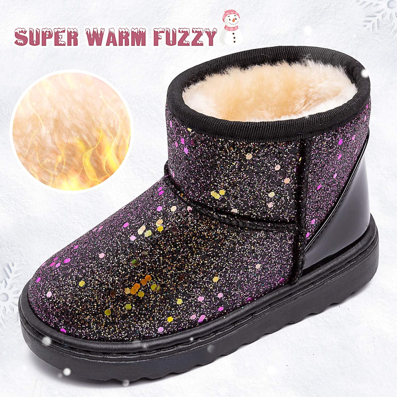Techcity Boys Girls Winter Warm Snow Boots Sequin Fur Lined Waterproof Boot Glitter Princess Outdoor Shoes(Toddler/Little Kid), Glitter Black — фото 3