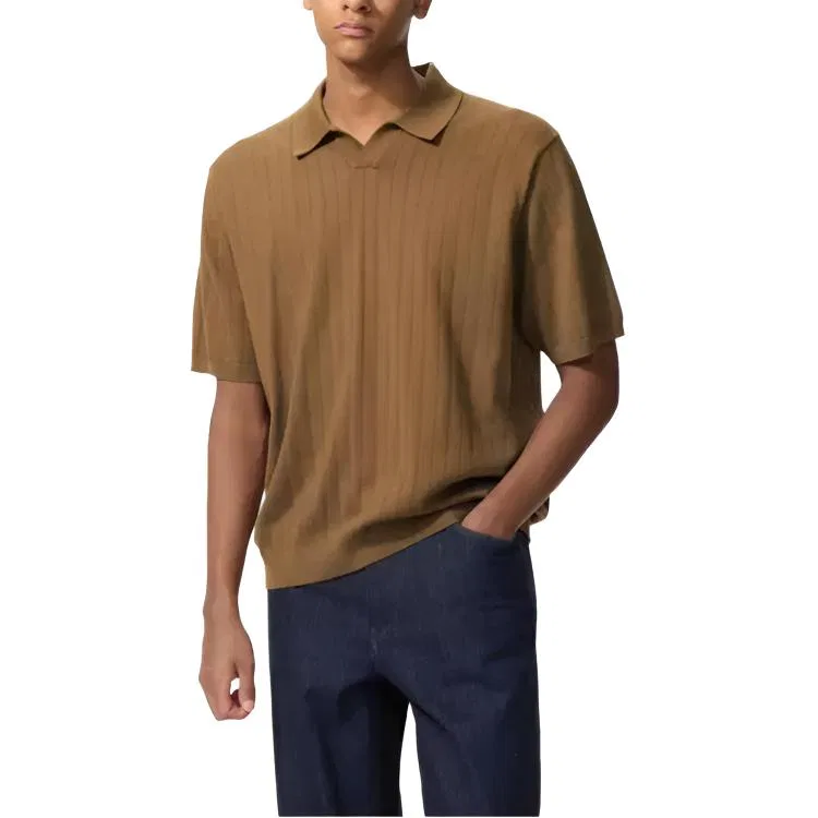 Поло Uniqlo Washable knit skipper sweater, коричневый — фото 3