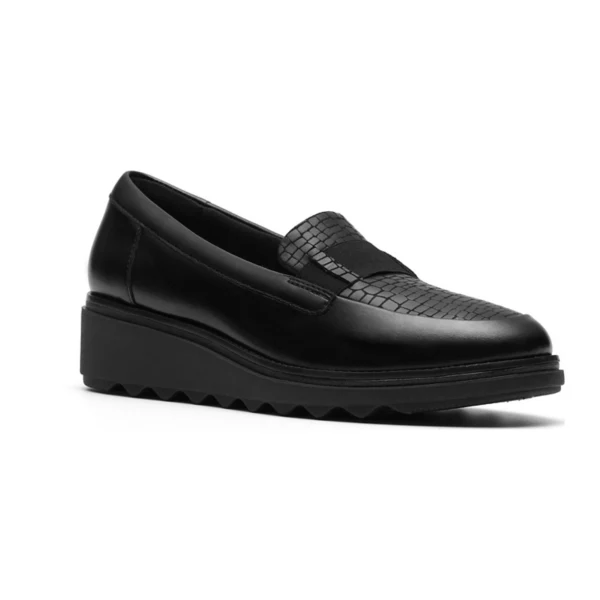 Женские кожаные лоферы Sharon Pace на клиновидном каблуке без шнуровки Clarks, цвет black leather croc
