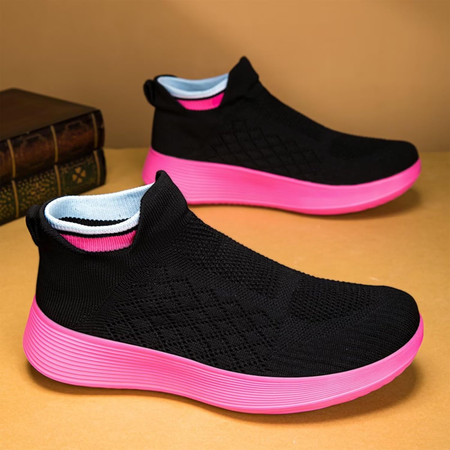 Кроссовки Ozefiad Slip-on для мужчин и женщин, сетчатые кеды без шнурков, повседневная обувь для прогулок, черный/красный — фото 2
