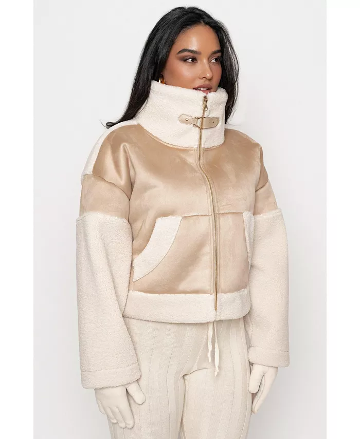 

Женская куртка из замши и шерпы JLUXLABEL, коричневый/бежевый