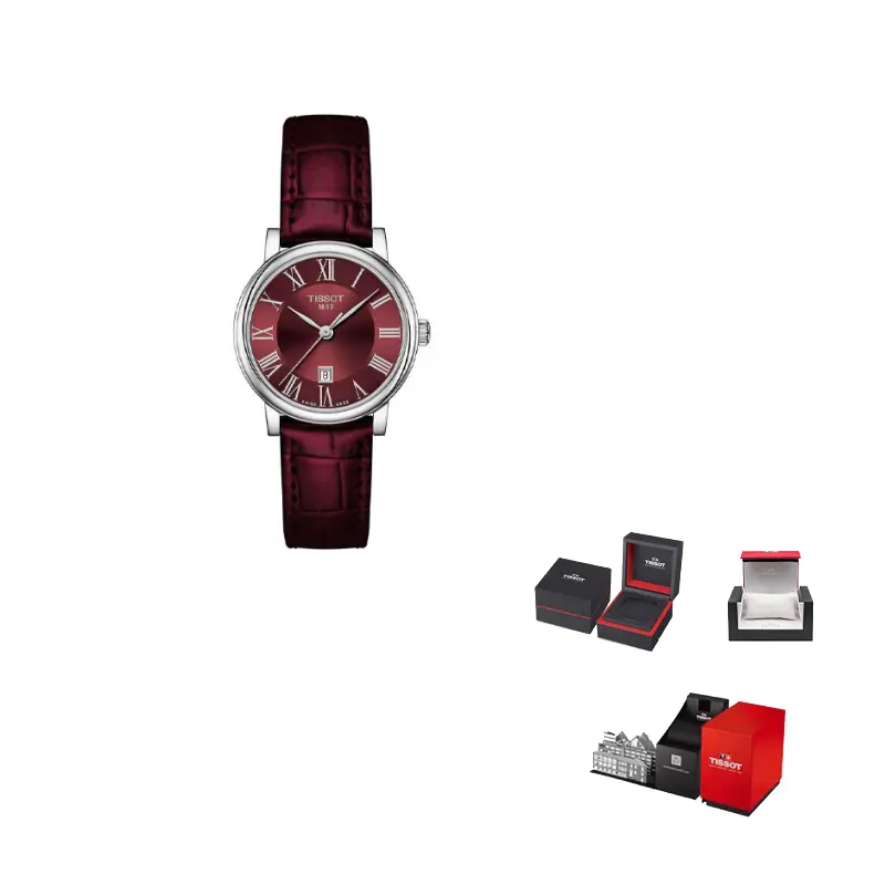 

TISSOT Часы Carson Elite Series Quartz Movement Women's Watch 30mm Red Watch Dial Stainless Steel Case Leather Strap, Bordeaux Red Watch Dial