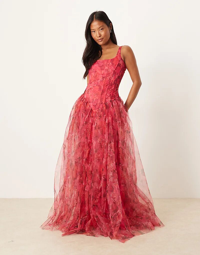 

Платье макси с кружевом и бисером, миниатюрное, с заниженной талией и корсетом, с красными и розовыми цветами