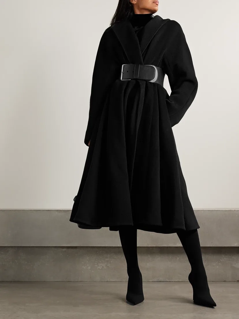 Пальто из ворсистой шерстяной смеси с поясом BALENCIAGA, черный — фото 2