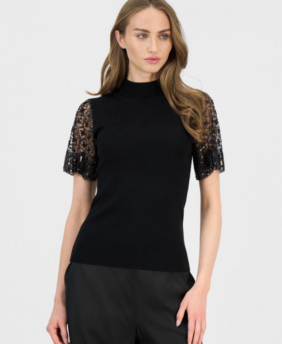 

Женский свитер с воротником-стойкой и рукавами, украшенными бисером T Tahari, Black