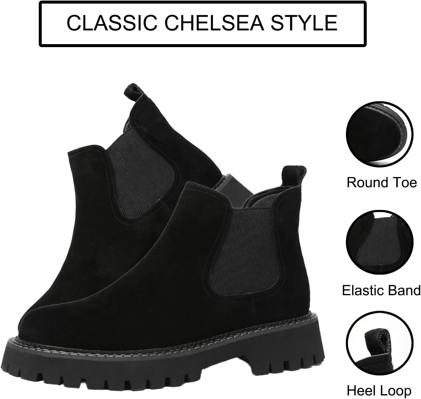 Мужские замшевые ботинки на платформе с массивным каблуком Chelsea NXNBHSL, винтажные с округлым носком, на нескользящей резиновой подошве, удобные повседневные, для работы, бизнес-вечеринок и короткие платья, черный — фото 4