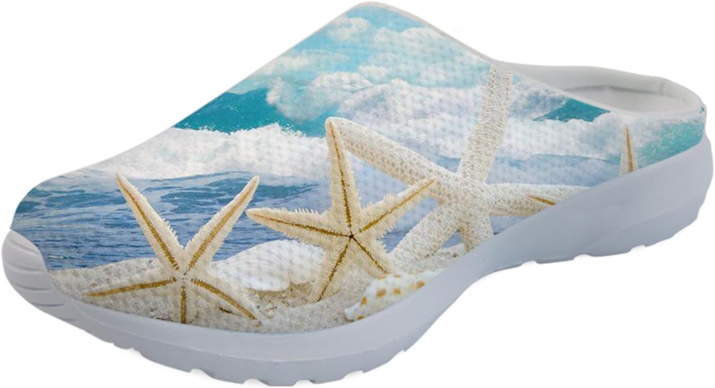 

Женские и мужские сабо GLENLCWE в ретро-стиле Бохо с ацтекским рисунком и изображением раковины на пляже, садовые сабо без застежек, легкие туфли-мулы для прогулок, кроссовки для дома и улицы, Hawaiian Starfish on Beach