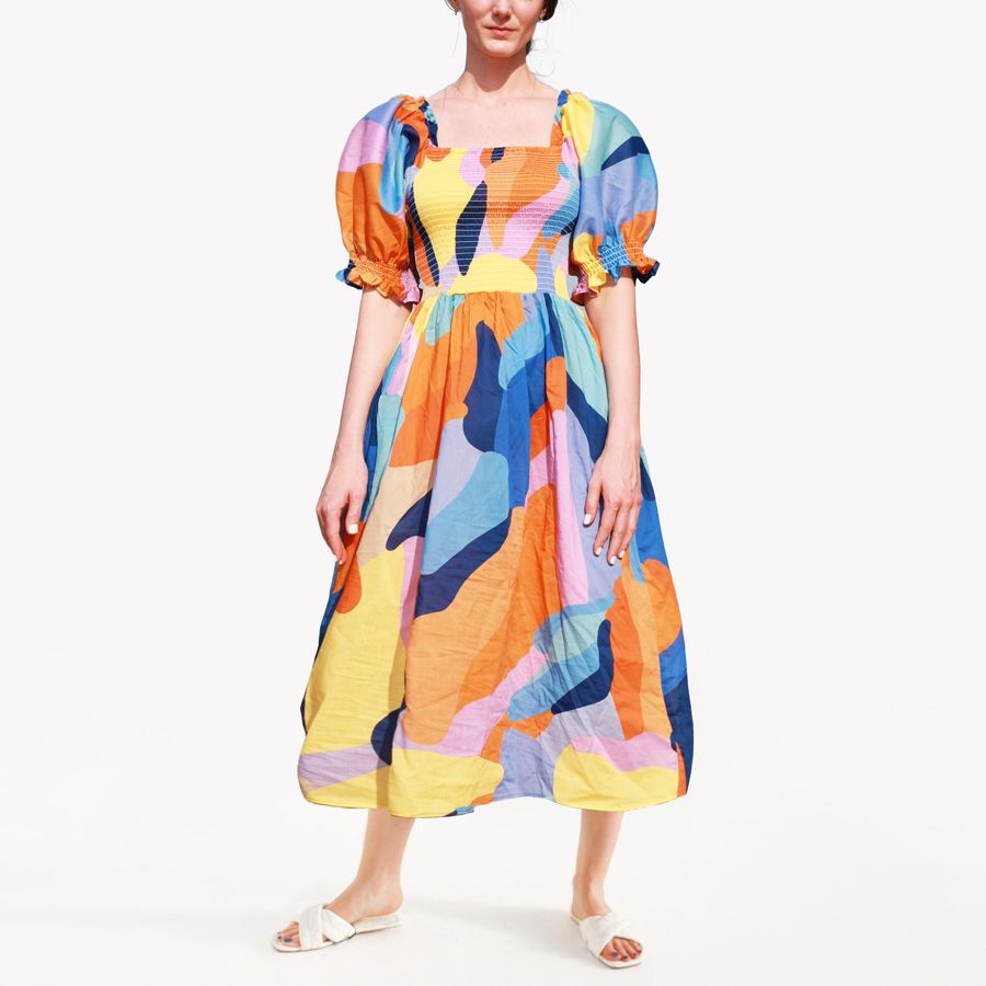 

Платье-миди с присборенной юбкой Тропическая любовь Jessie Zhao New York, Orange, purple, yellow, blue, pink