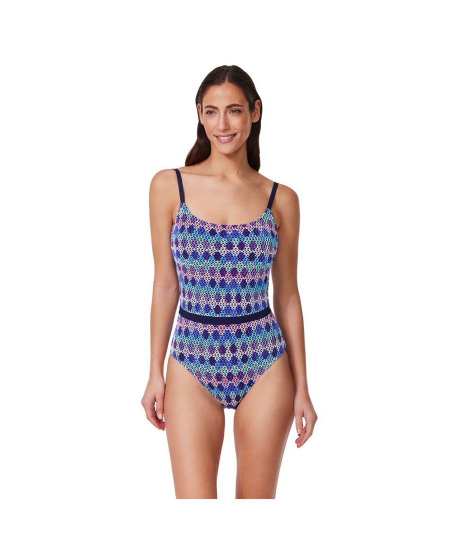 

Женский ретро-комбинезон Ривьера с вырезом-лодочкой и сетчатой отделкой, связанный крючком Profile by Gottex, Blue multi