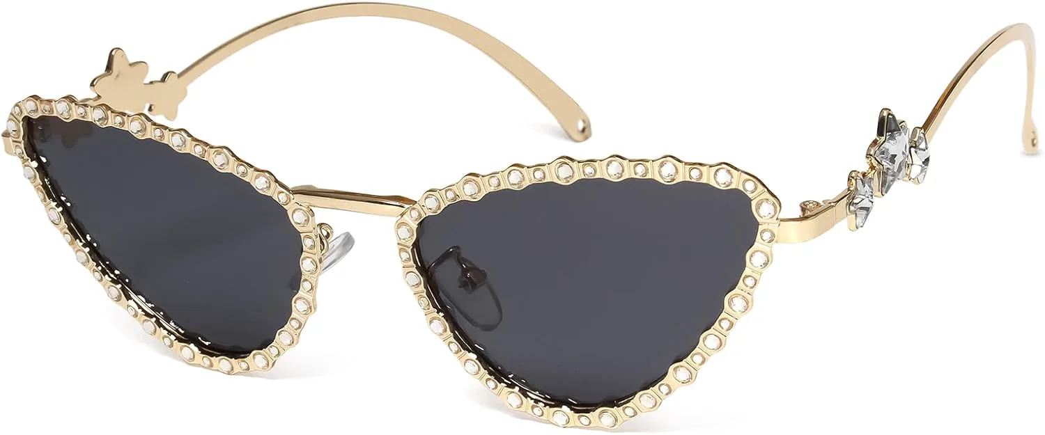 

Женские солнцезащитные очки KENBO Petite со стразами в стиле 90-х, блестящие, в стиле хиппи-диско, модные, для маленького лица, Cateye Gold Frame - Grey Lens