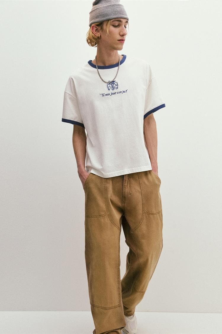 

Вышитая контрастная футболка Pull And Bear, белый