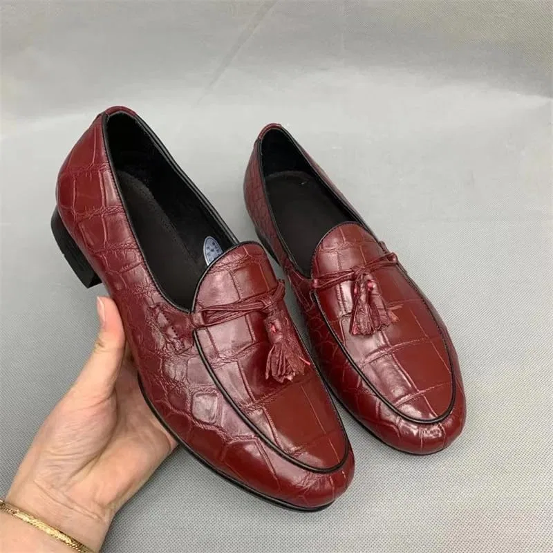 Лоферы из кожи аллигатора, модель Authentic Crocodile Skin Deep Blue Men's Tassel Moccasins Shoes Genuine Exotic Alligator Leather Male Slip-on Dress Flats, бордовый — фото 4