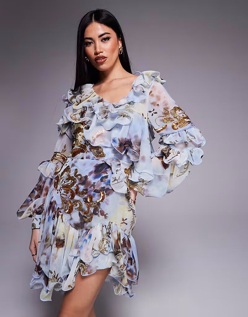 

Асимметричное мини-платье ASOS LUXE в стиле вестерн из органзы и шифона с синим цветочным принтом и отделкой