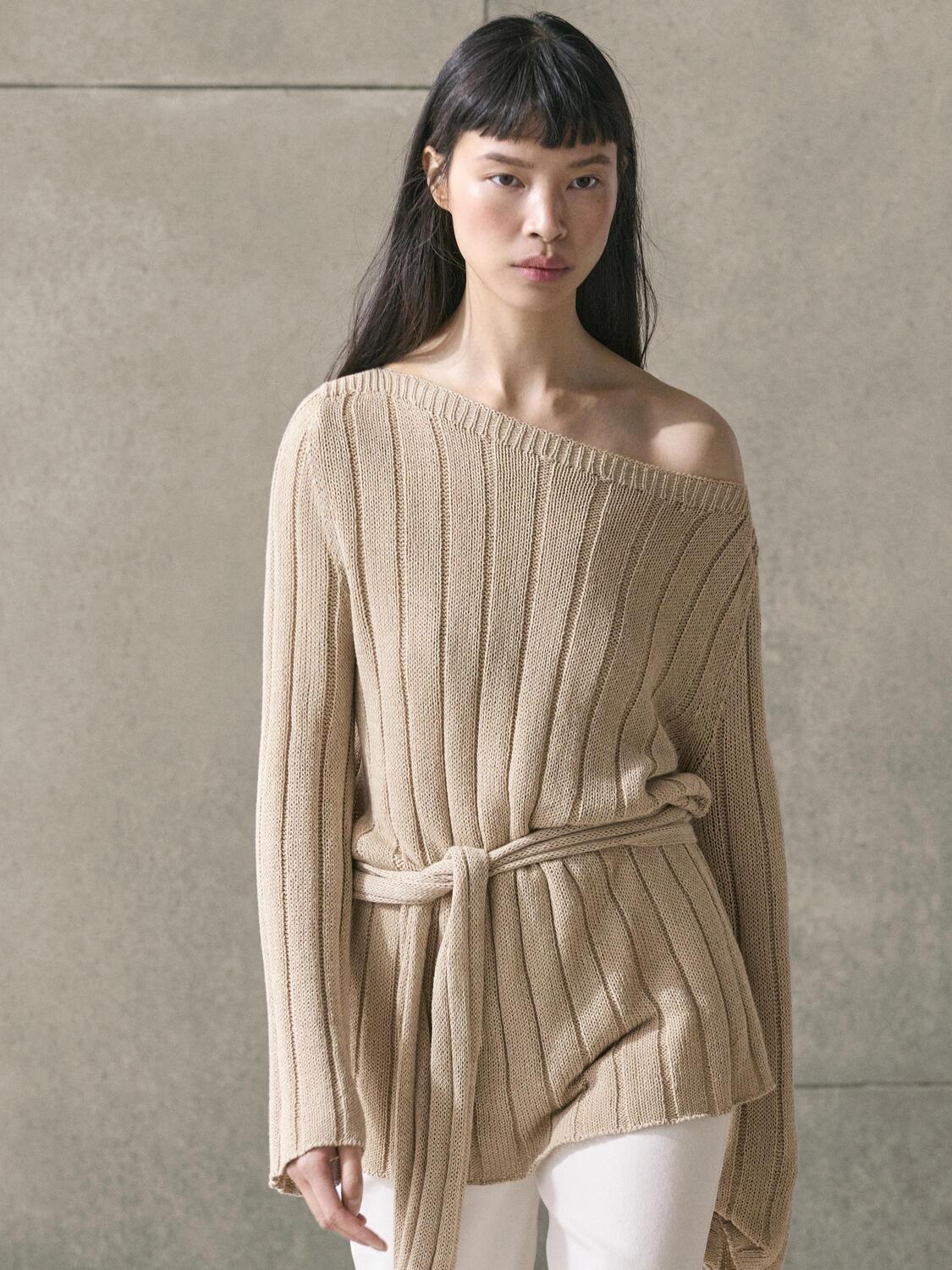 Вязаный свитер из хлопковой смеси с вырезом «лодочка» Massimo Dutti, beige — фото 3