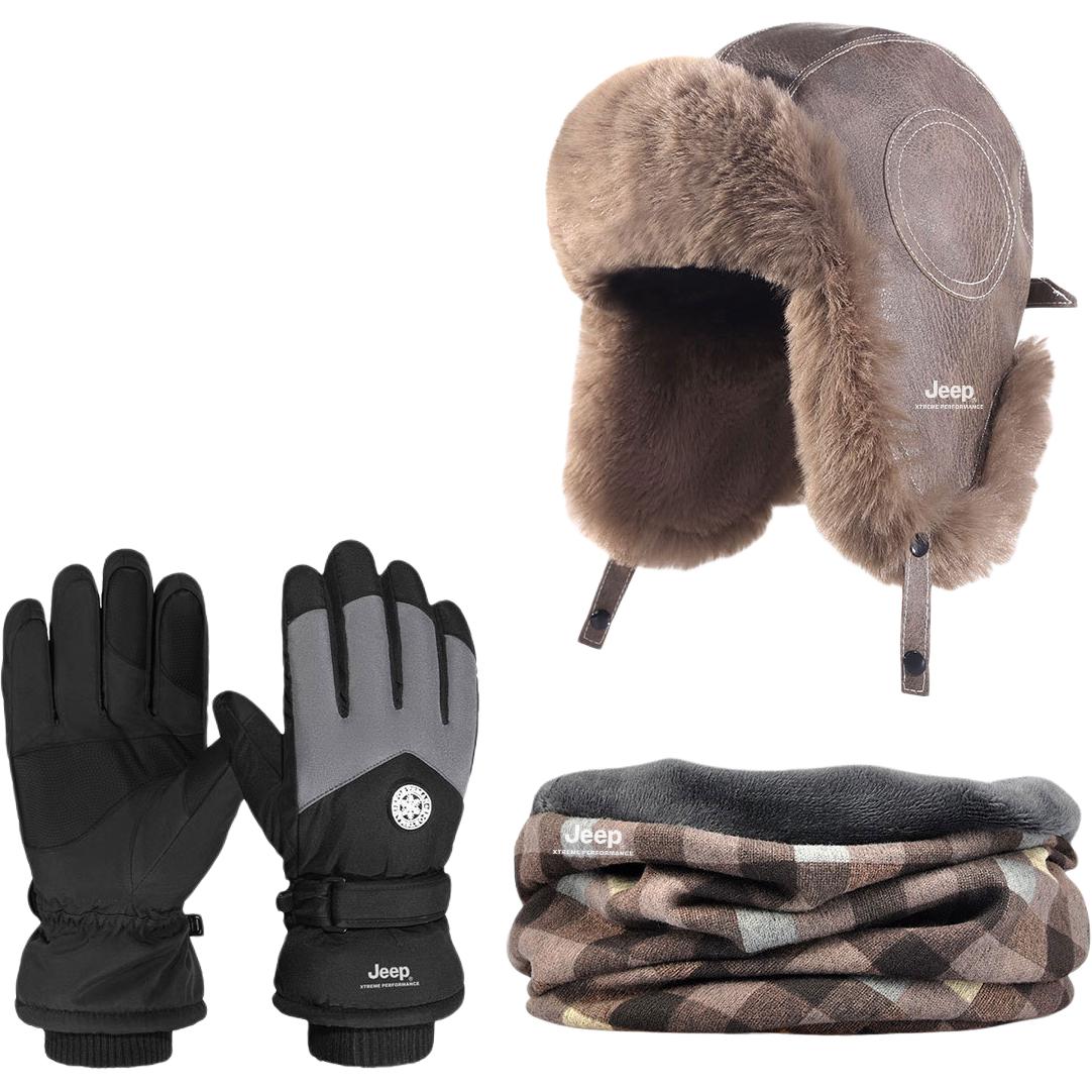 

Кожаная шапка-ушанка из искусственного кроличьего меха и полиэстера Unisex Jeep, camel set-size 08 scarf+camel hat