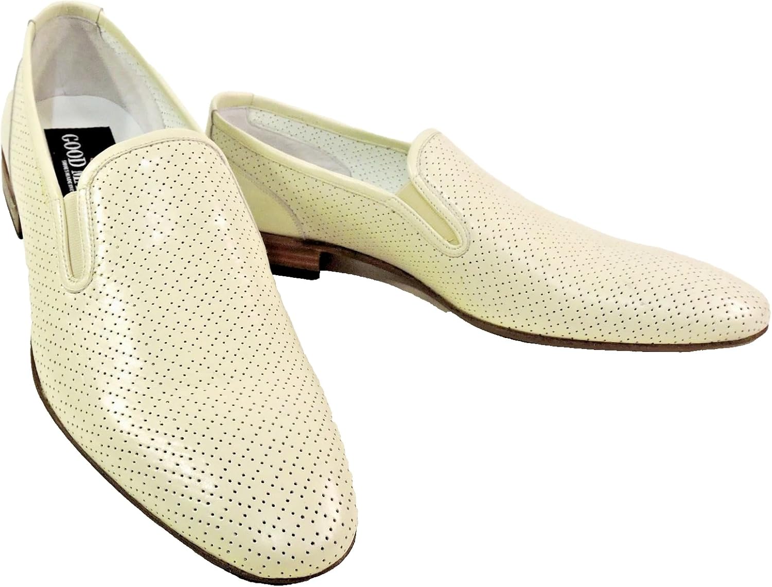 

Мужские слипоны Goodman из перфорированной кожи кремового цвета, итальянские летние туфли с деревянным каблуком. Сделано в Италии Luigi Traini