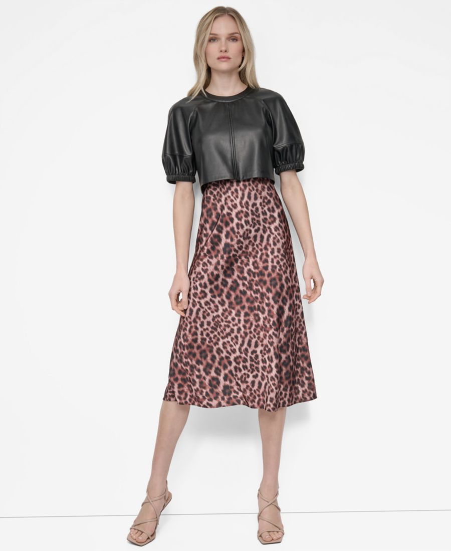 

Женское миди-платье с короткими рукавами, круглым вырезом и отделкой из смешанных материалов DKNY, Travertine Multi